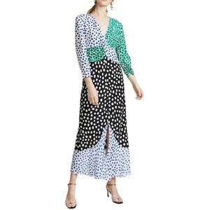 O.p.t Cope Patchwork Polka Dot Ruffle Twist Front Maxi Dress Size Large